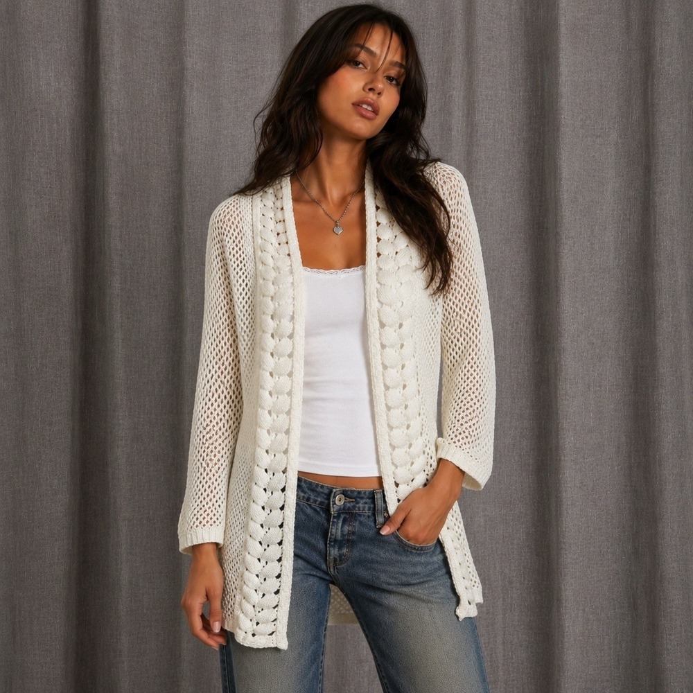 Lauren Michelle Cream Cardigan Sweater Open Weave Fishnet Crocheted Y2K Size M